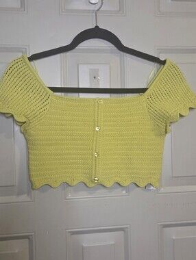 Zara - Lemon-lime Crochet Button-Front Crop Top